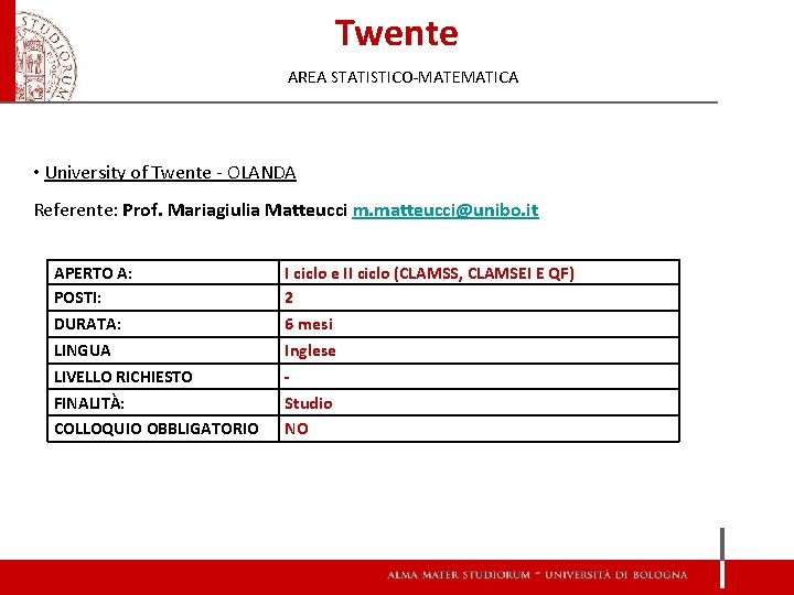 Twente AREA STATISTICO-MATEMATICA • University of Twente - OLANDA Referente: Prof. Mariagiulia Matteucci m.