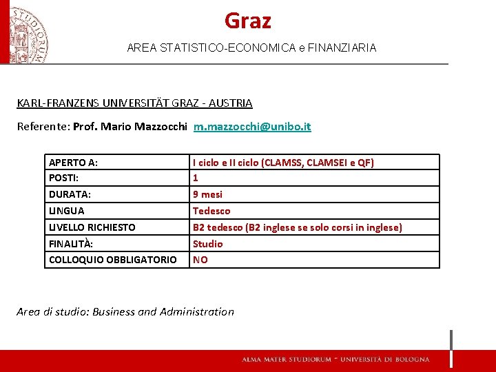 Graz AREA STATISTICO-ECONOMICA e FINANZIARIA KARL-FRANZENS UNIVERSITÄT GRAZ - AUSTRIA Referente: Prof. Mario Mazzocchi