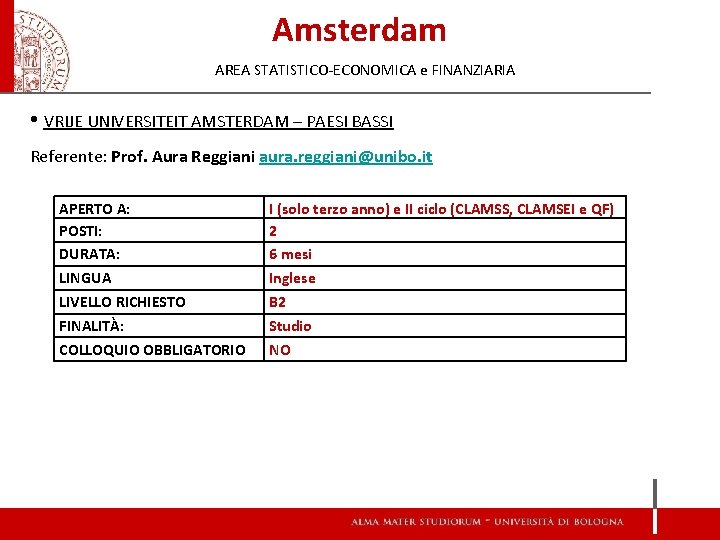 Amsterdam AREA STATISTICO-ECONOMICA e FINANZIARIA • VRIJE UNIVERSITEIT AMSTERDAM – PAESI BASSI Referente: Prof. Amsterdam AREA STATISTICO-ECONOMICA e FINANZIARIA • VRIJE UNIVERSITEIT AMSTERDAM – PAESI BASSI Referente: Prof.