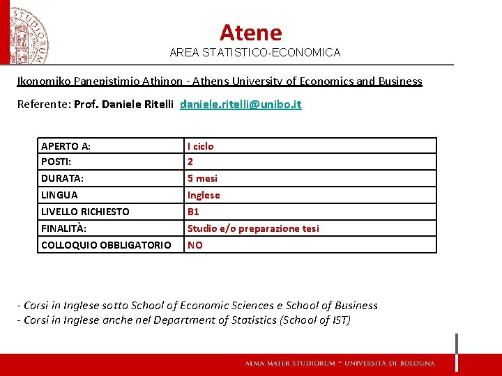 Atene AREA STATISTICO-ECONOMICA Ikonomiko Panepistimio Athinon - Athens University of Economics and Business Referente: