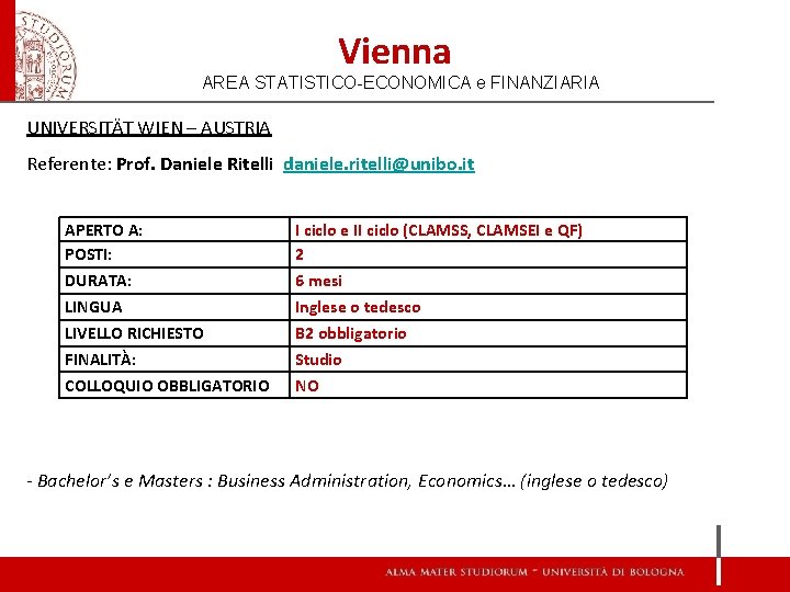 Vienna AREA STATISTICO-ECONOMICA e FINANZIARIA UNIVERSITÄT WIEN – AUSTRIA Referente: Prof. Daniele Ritelli daniele.