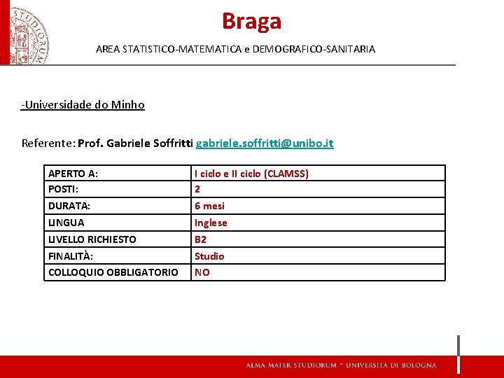 Braga AREA STATISTICO-MATEMATICA e DEMOGRAFICO-SANITARIA -Universidade do Minho Referente: Prof. Gabriele Soffritti gabriele. soffritti@unibo.