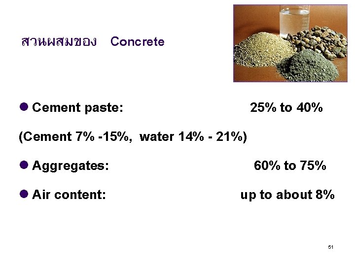 สวนผสมของ Concrete l Cement paste: 25% to 40% (Cement 7% -15%, water 14% -