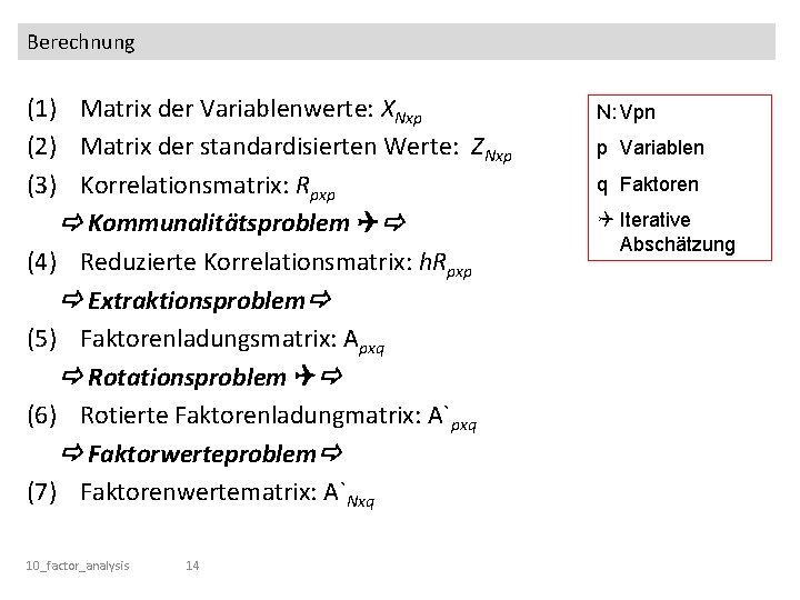 Berechnung (1) Matrix der Variablenwerte: XNxp (2) Matrix der standardisierten Werte: ZNxp (3) Korrelationsmatrix: