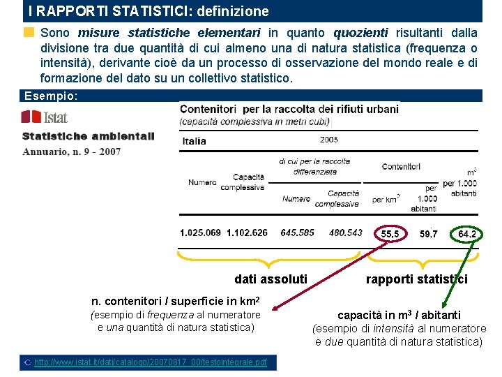 I RAPPORTI STATISTICI: definizione Sono misure statistiche elementari in quanto quozienti risultanti dalla divisione