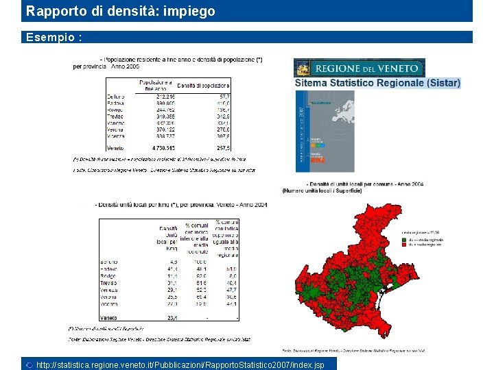 Rapporto di densità: impiego Esempio : http: //statistica. regione. veneto. it/Pubblicazioni/Rapporto. Statistico 2007/index. jsp