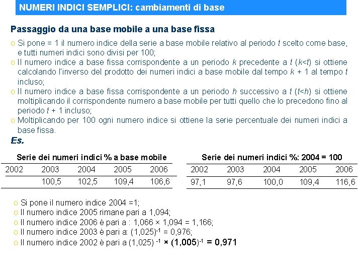 NUMERI INDICI SEMPLICI: cambiamenti di base Passaggio da una base mobile a una base