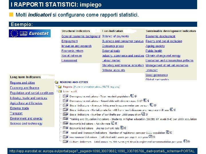 I RAPPORTI STATISTICI: impiego Molti indicatori si configurano come rapporti statistici. Esempio: http: //epp.