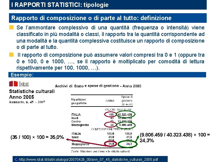 I RAPPORTI STATISTICI: tipologie Rapporto di composizione o di parte al tutto: definizione Se