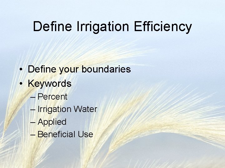 Define Irrigation Efficiency • Define your boundaries • Keywords – Percent – Irrigation Water