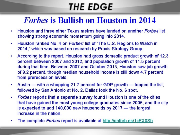 Forbes is Bullish on Houston in 2014 • Houston and three other Texas metros