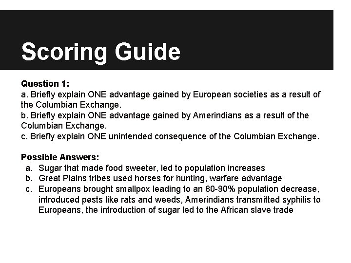 Scoring Guide Question 1: a. Briefly explain ONE advantage gained by European societies as