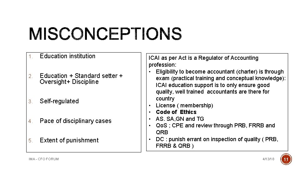 1. Education institution 2. Education + Standard setter + Oversight+ Discipline 3. Self-regulated 4.