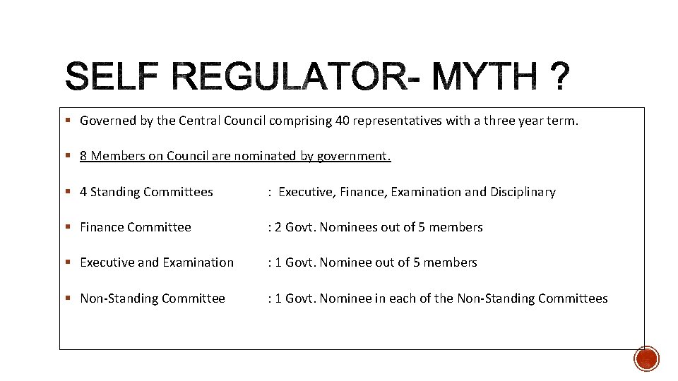 § Governed by the Central Council comprising 40 representatives with a three year term.