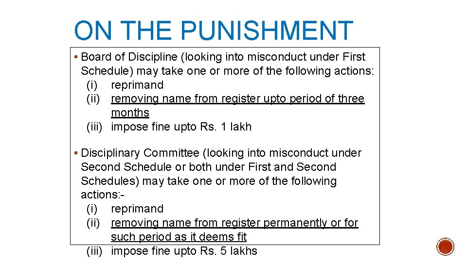 ON THE PUNISHMENT § Board of Discipline (looking into misconduct under First Schedule) may