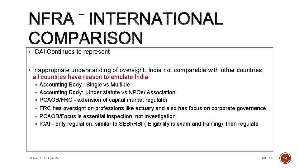 § ICAI Continues to represent § Inappropriate understanding of oversight; India not comparable with