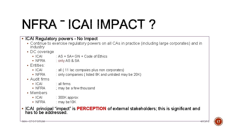 § ICAI Regulatory powers – No Impact § Continue to exercise regulatory powers on