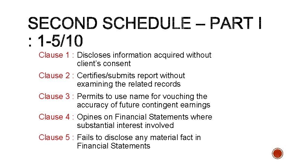 Clause 1 : Discloses information acquired without client’s consent Clause 2 : Certifies/submits report