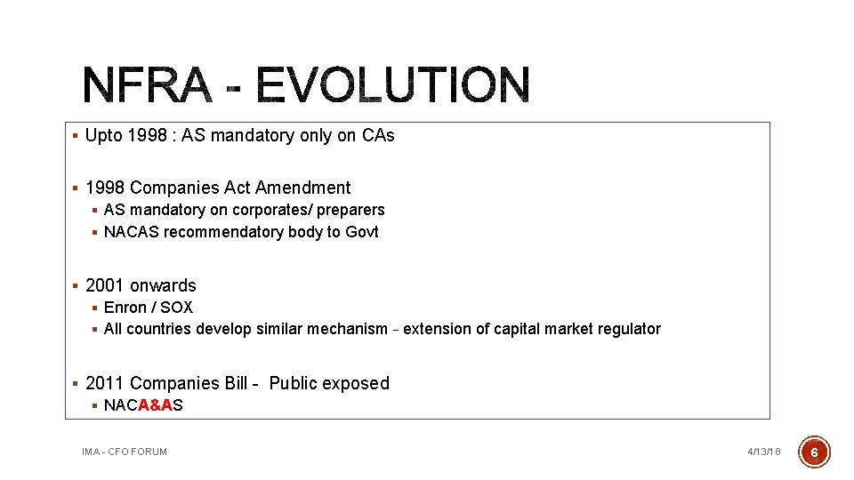 § Upto 1998 : AS mandatory only on CAs § 1998 Companies Act Amendment