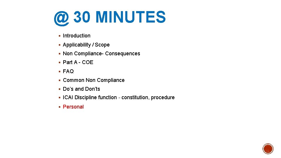  @ 30 MINUTES § Introduction § Applicability / Scope § Non Compliance- Consequences