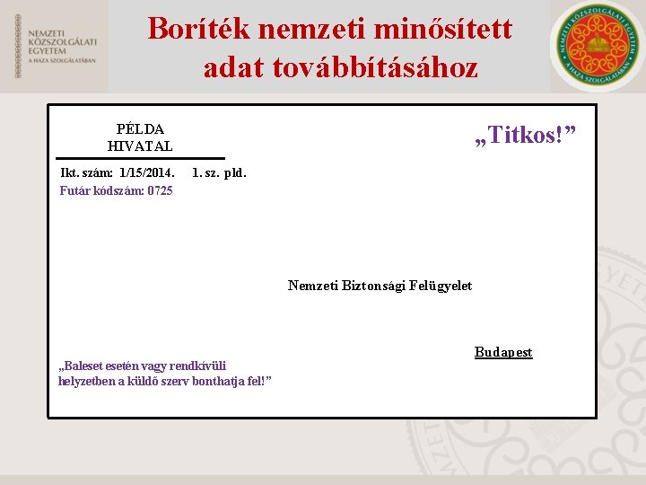 Boríték nemzeti minősített adat továbbításához „Titkos!” PÉLDA HIVATAL Ikt. szám: 1/15/2014. Futár kódszám: 0725