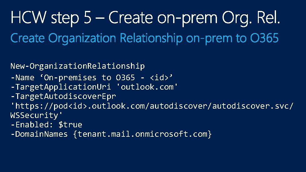 New-Organization. Relationship -Name ‘On-premises to O 365 - <id>’ -Target. Application. Uri 'outlook. com'