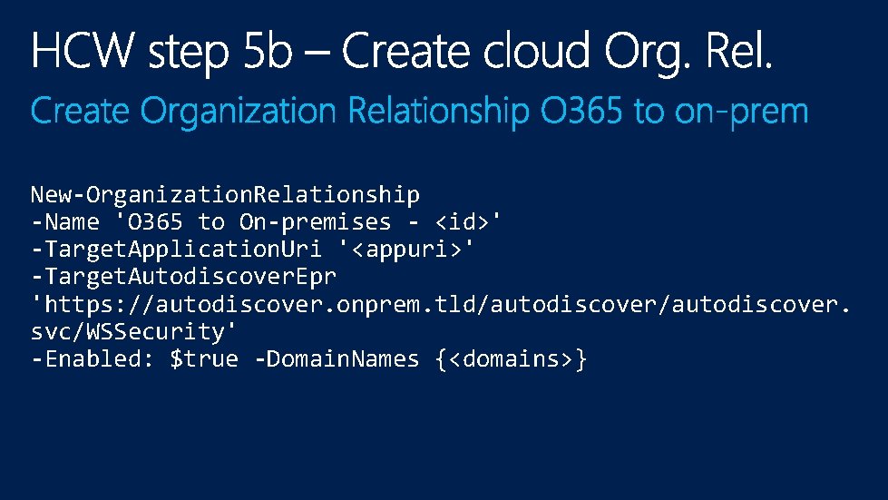 New-Organization. Relationship -Name 'O 365 to On-premises - <id>' -Target. Application. Uri '<appuri>' -Target.