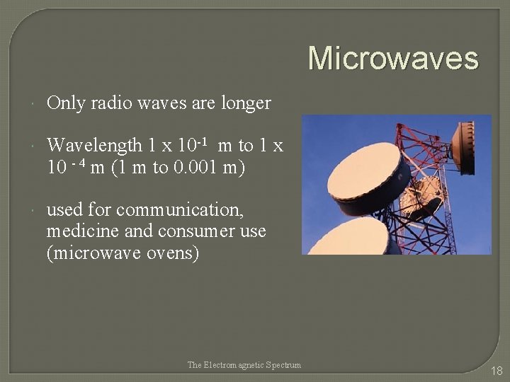 Microwaves Only radio waves are longer Wavelength 1 x 10 -1 m to 1