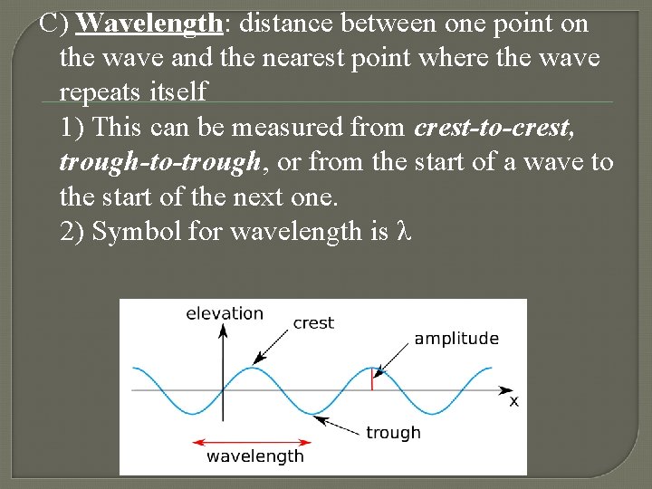 C) Wavelength: distance between one point on the wave and the nearest point where