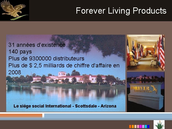  Forever Living Products 31 années d’existence 140 pays Plus de 9300000 distributeurs Plus