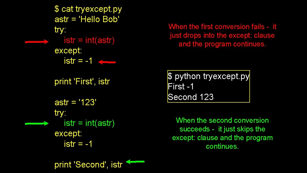 $ cat tryexcept. py astr = 'Hello Bob' try: istr = int(astr) except: istr