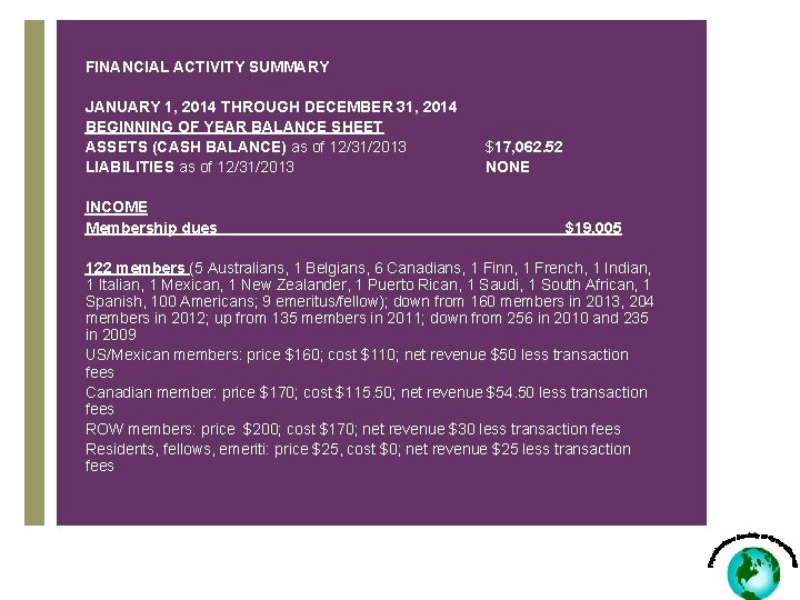 FINANCIAL ACTIVITY SUMMARY JANUARY 1, 2014 THROUGH DECEMBER 31, 2014 BEGINNING OF YEAR BALANCE