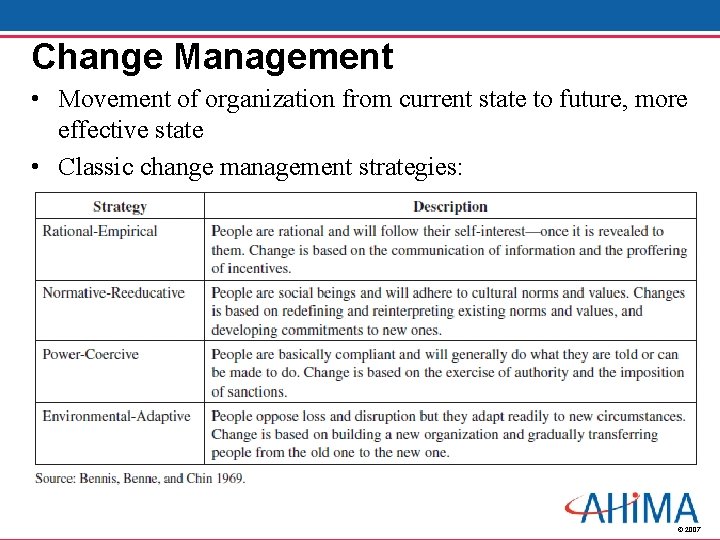 Change Management • Movement of organization from current state to future, more effective state
