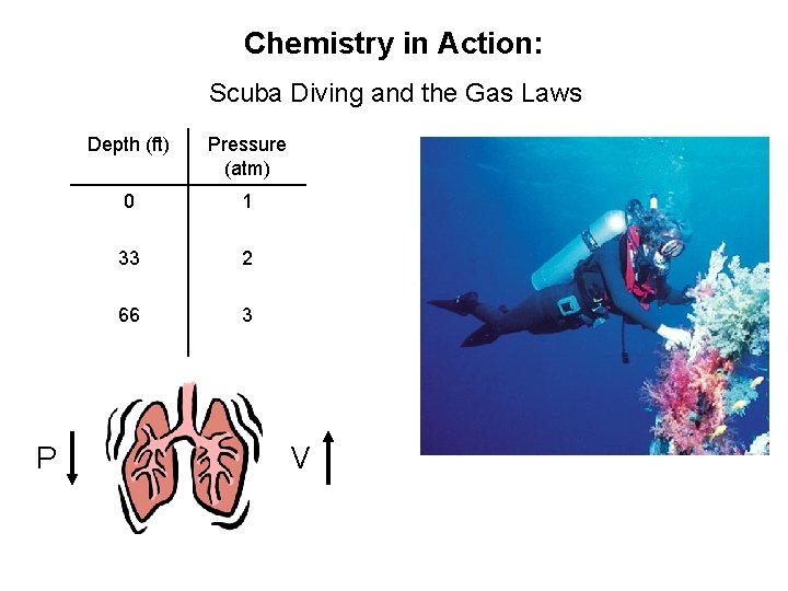 Chemistry in Action: Scuba Diving and the Gas Laws P Depth (ft) Pressure (atm)