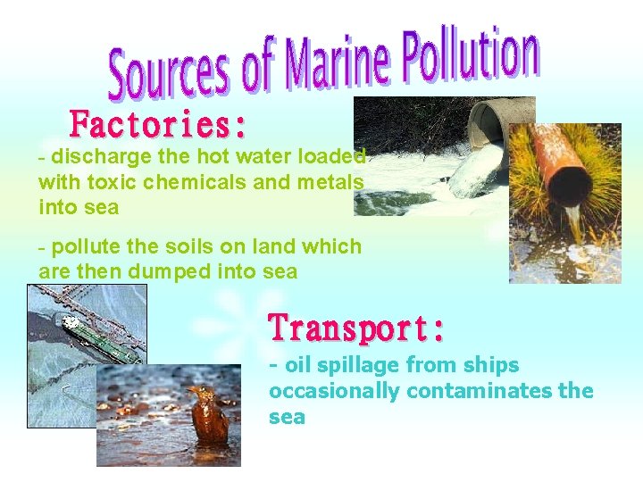 Factories: - discharge the hot water loaded with toxic chemicals and metals into sea Factories: - discharge the hot water loaded with toxic chemicals and metals into sea