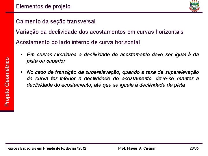 Elementos de projeto Caimento da seção transversal Variação da declividade dos acostamentos em curvas