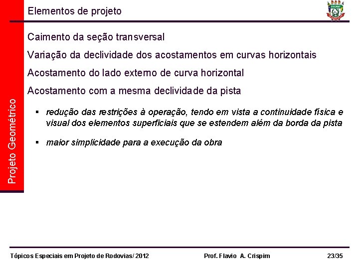 Elementos de projeto Caimento da seção transversal Variação da declividade dos acostamentos em curvas