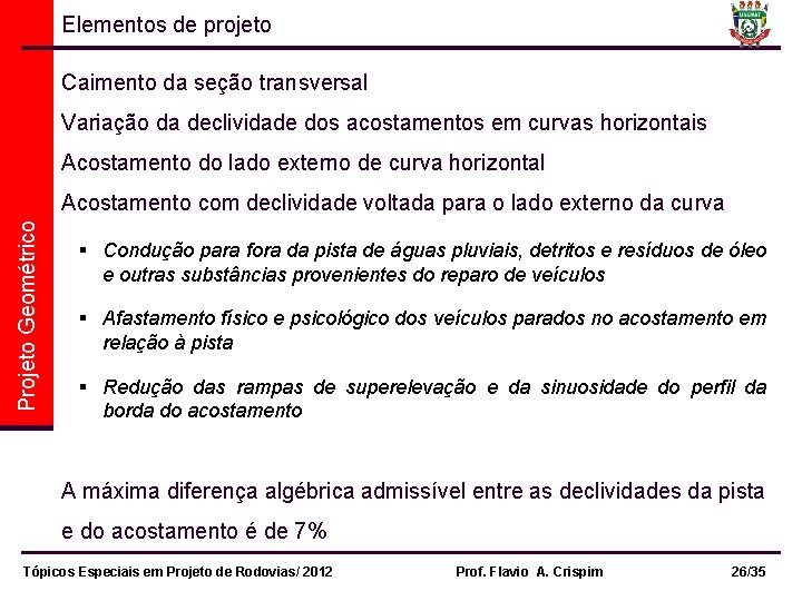 Elementos de projeto Caimento da seção transversal Variação da declividade dos acostamentos em curvas