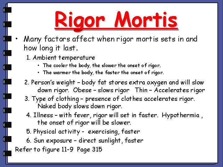 Rigor Mortis • Many factors affect when rigor mortis sets in and how long Rigor Mortis • Many factors affect when rigor mortis sets in and how long
