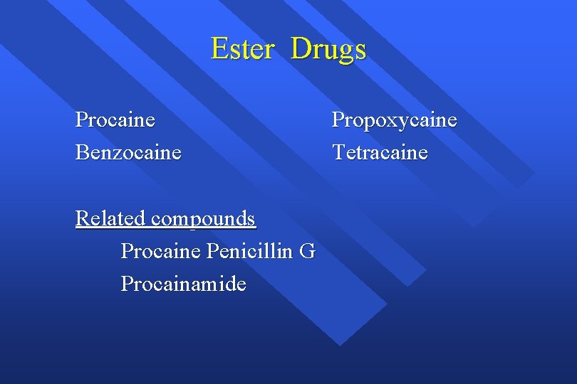Ester Drugs Procaine Benzocaine Related compounds Procaine Penicillin G Procainamide Propoxycaine Tetracaine 