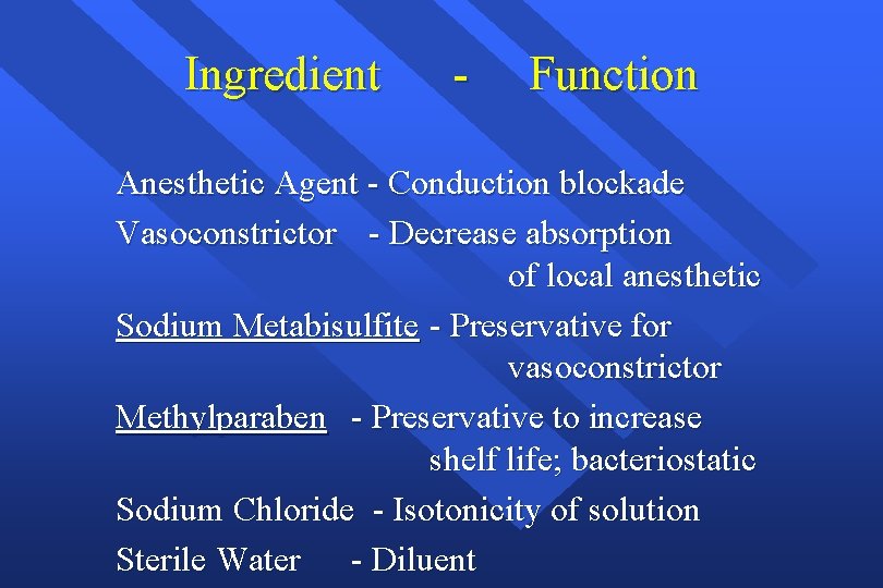 Ingredient - Function Anesthetic Agent - Conduction blockade Vasoconstrictor - Decrease absorption of local