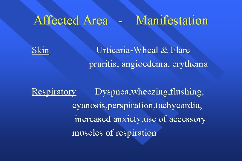 Affected Area - Manifestation Skin Urticaria-Wheal & Flare pruritis, angioedema, erythema Respiratory Dyspnea, wheezing,