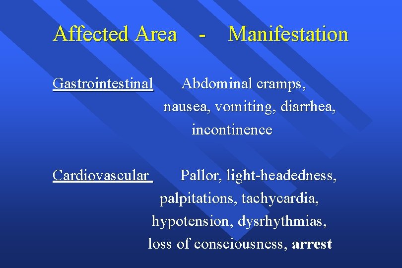 Affected Area - Manifestation Gastrointestinal Abdominal cramps, nausea, vomiting, diarrhea, incontinence Cardiovascular Pallor, light-headedness,