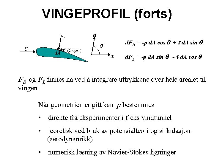 VINGEPROFIL (forts) p U d. A (Skjær) n d. FD = -p d. A