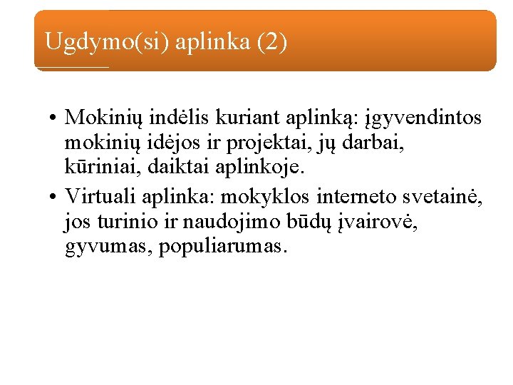 Ugdymo(si) aplinka (2) • Mokinių indėlis kuriant aplinką: įgyvendintos mokinių idėjos ir projektai, jų Ugdymo(si) aplinka (2) • Mokinių indėlis kuriant aplinką: įgyvendintos mokinių idėjos ir projektai, jų