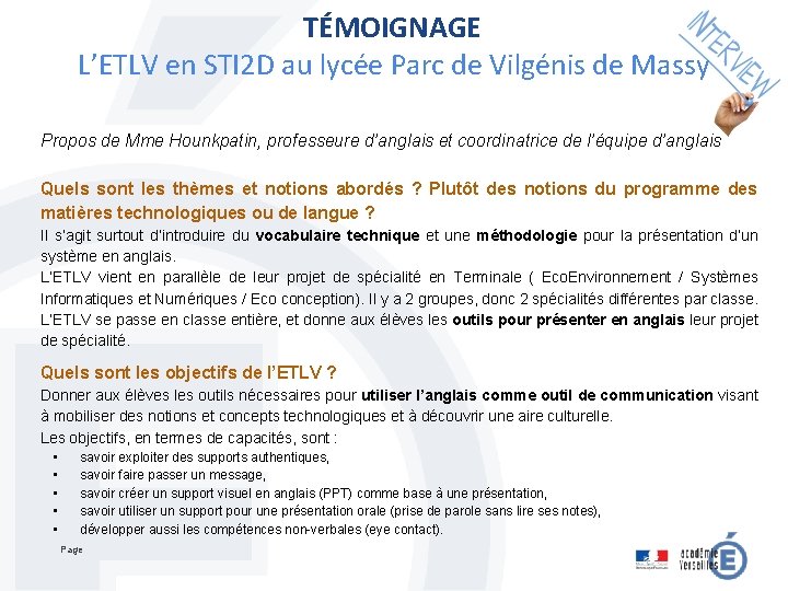 TÉMOIGNAGE L’ETLV en STI 2 D au lycée Parc de Vilgénis de Massy Propos