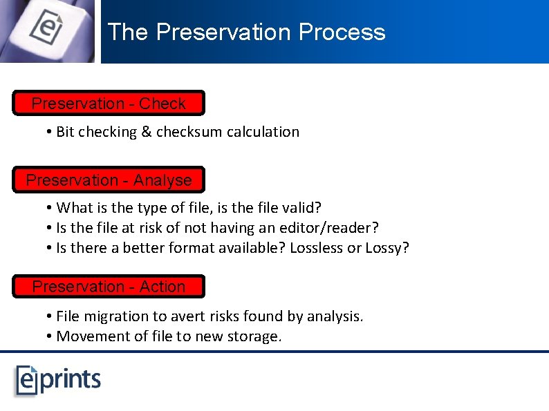 The Preservation Process Preservation - Check • Bit checking & checksum calculation Preservation -