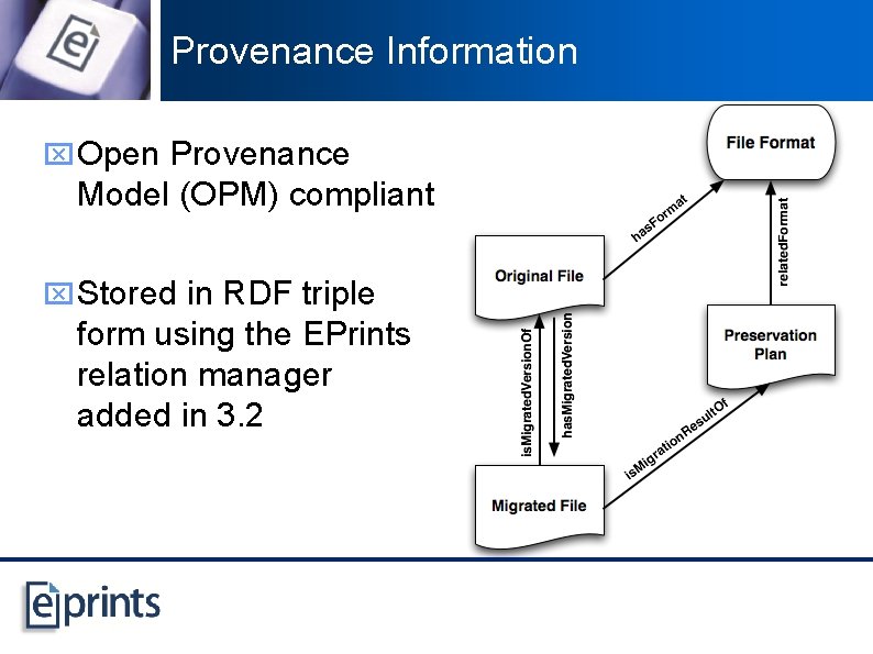 Provenance Information x Open Provenance Model (OPM) compliant x Stored in RDF triple form