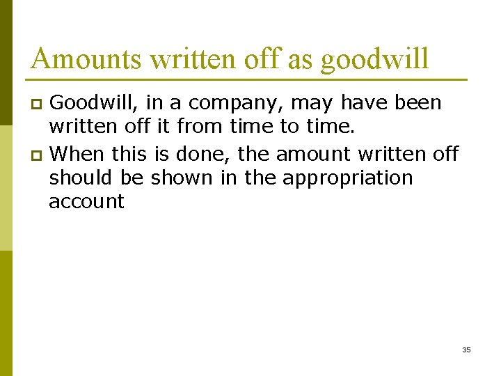 Amounts written off as goodwill Goodwill, in a company, may have been written off