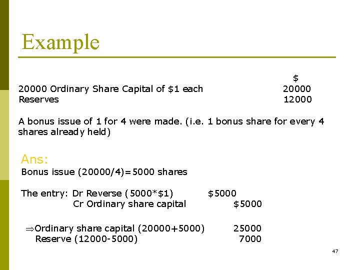 Example $ 20000 120000 Ordinary Share Capital of $1 each Reserves A bonus issue